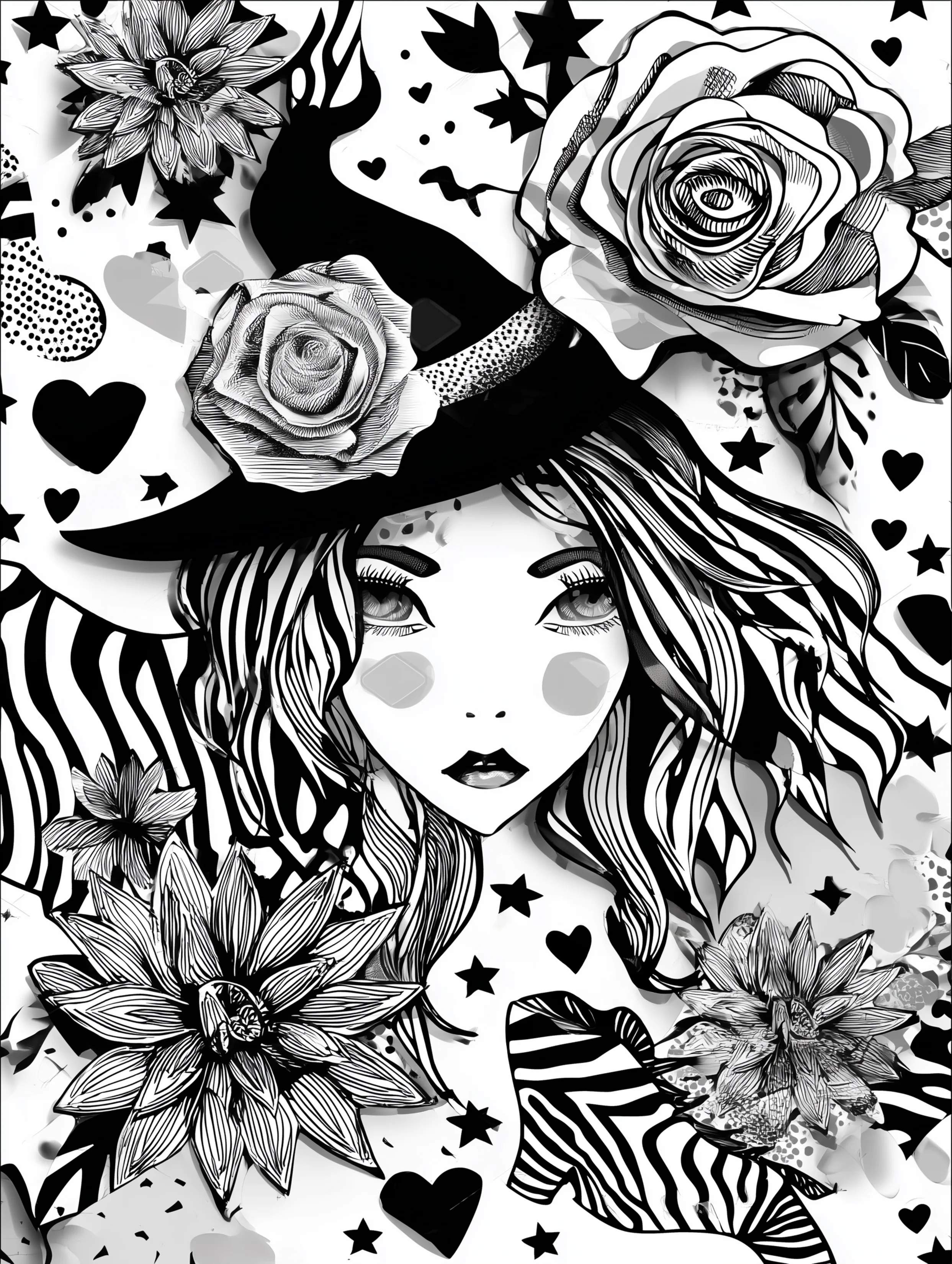 Free printable coloring page for adults featuring a beautiful witch with flowers